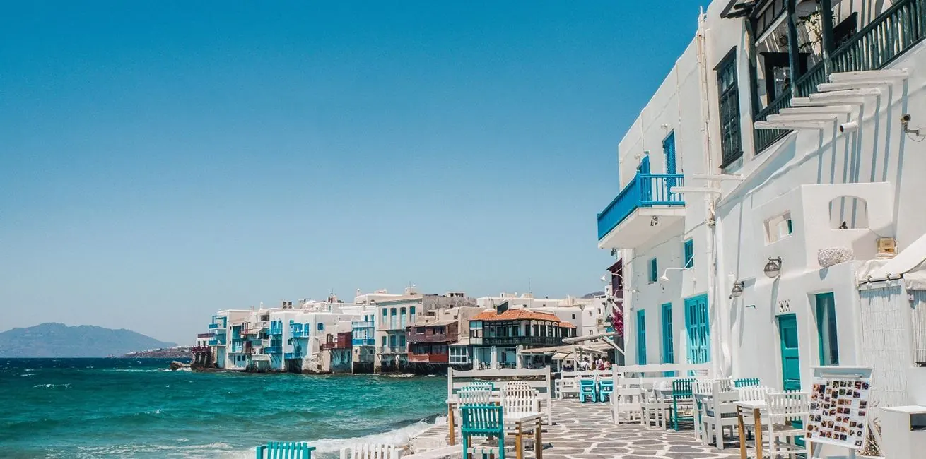 Little Venice, Mykonos — white Cycladic houses on the Aegean sea