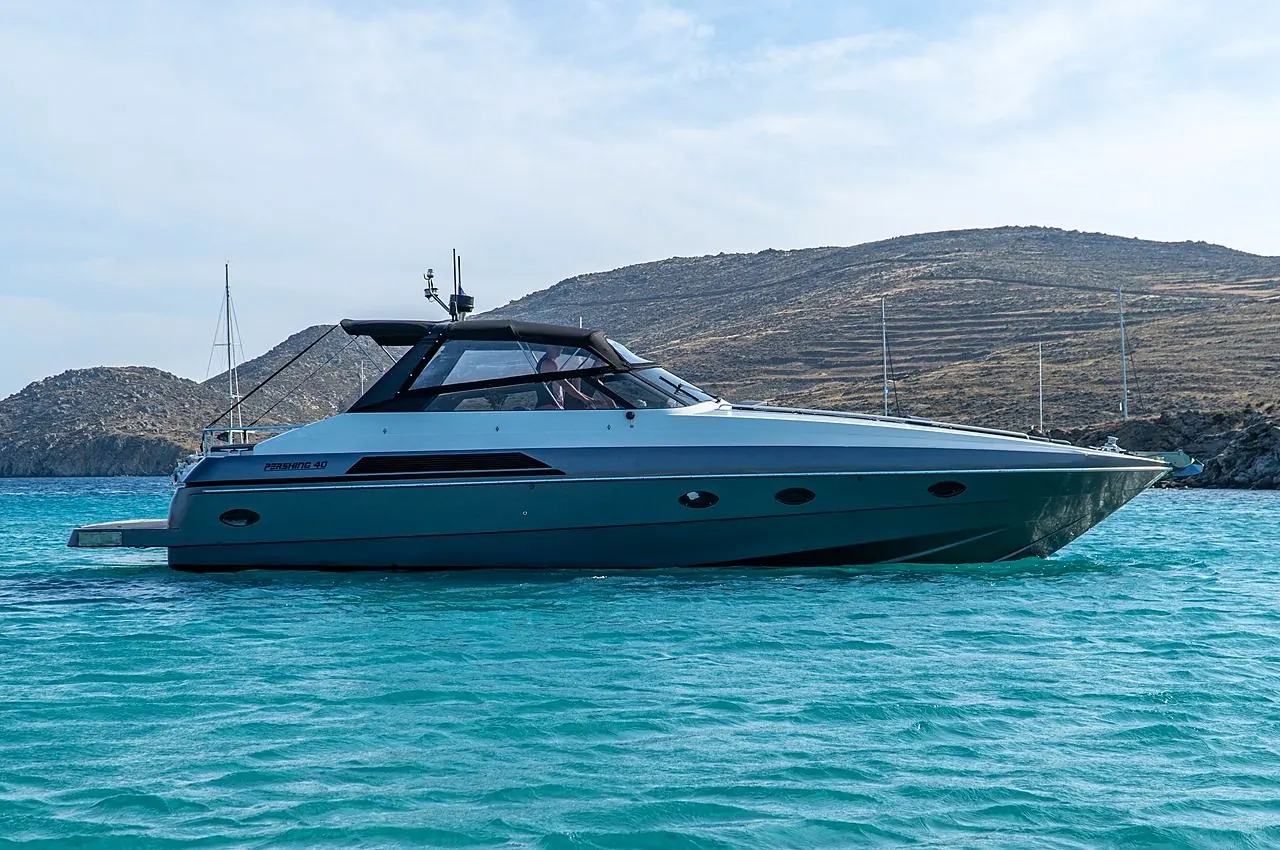 Pershing 40 private motor yacht on the Aegean Sea, Mykonos — available for charter